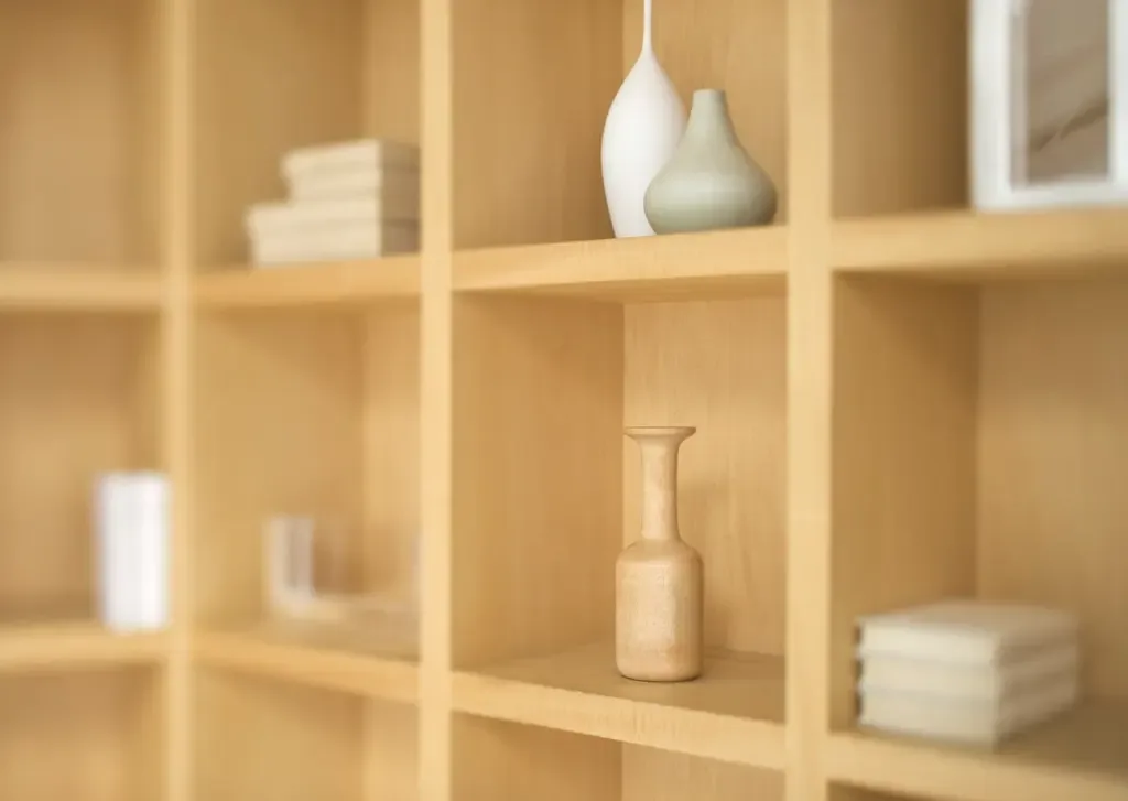 Regalwand aus hellem Holz, in den Fächern stehen Vasen, Bücher und ein Bilderrahmen